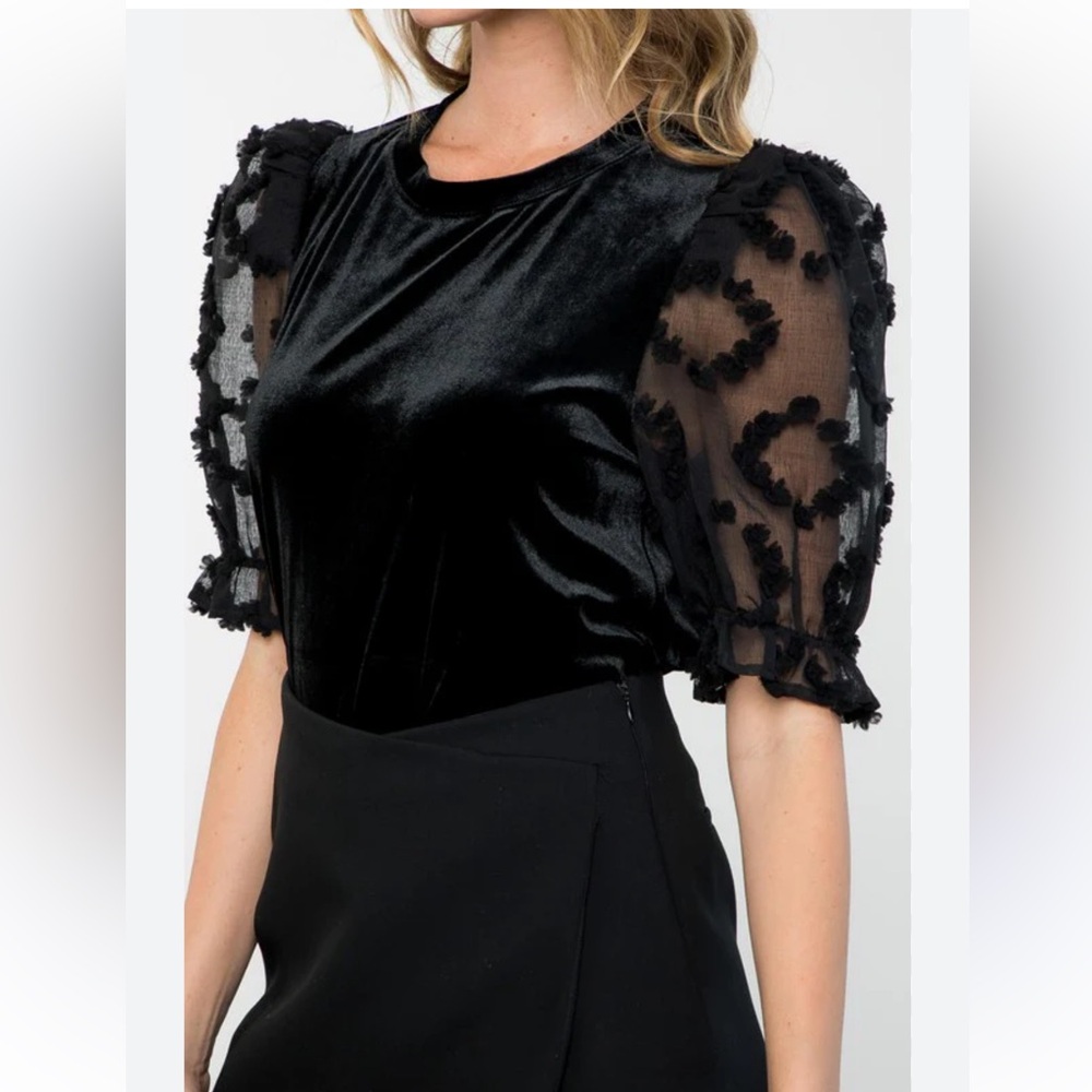 THML Womens Black Sheer Puff Sleeve Velvet Blouse Size XL Holiday Work Office